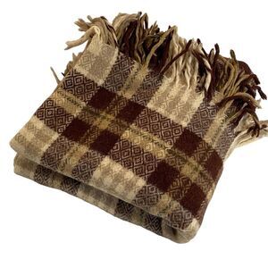 "Vintage Plaid Wool Throw Blanket with Fringe - Brown & Tan Diamond Pattern